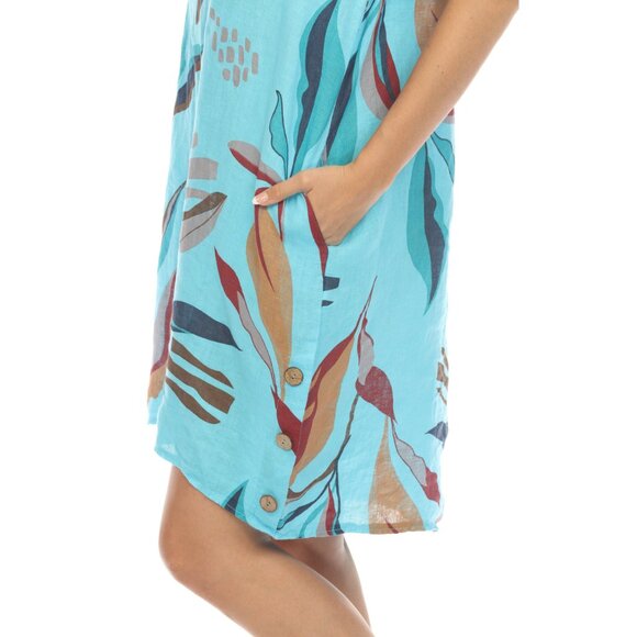 Ocean Blue Leaf Print Side Button Dress - Picture 4 of 4